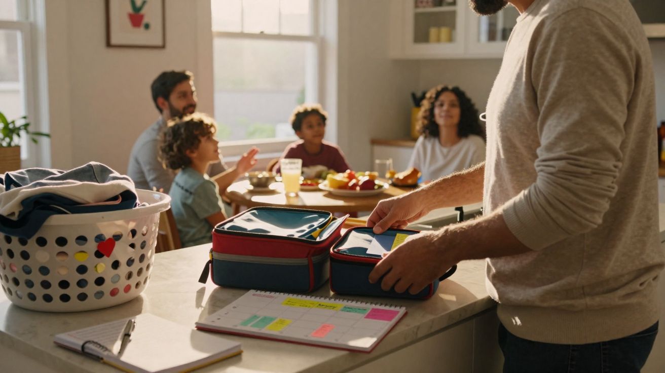 Pai a preparar lancheiras na cozinha enquanto família espera sentada à mesa de pequeno-almoço iluminada.