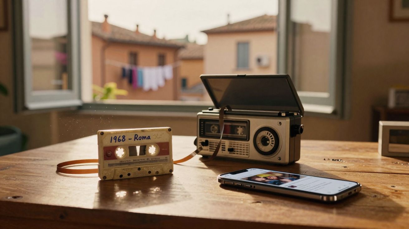Gravador portátil vintage e cassete etiquetado "1968 - Roma" numa mesa de madeira junto a um smartphone.