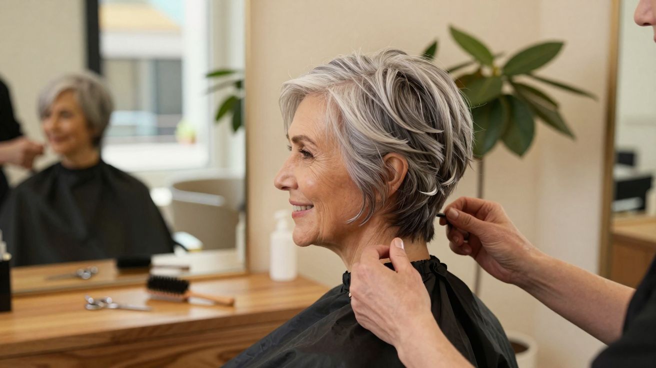 Mulher sénior com cabelo cinza curto a sorrir enquanto cabeleireiro ajusta capa num salão de beleza.