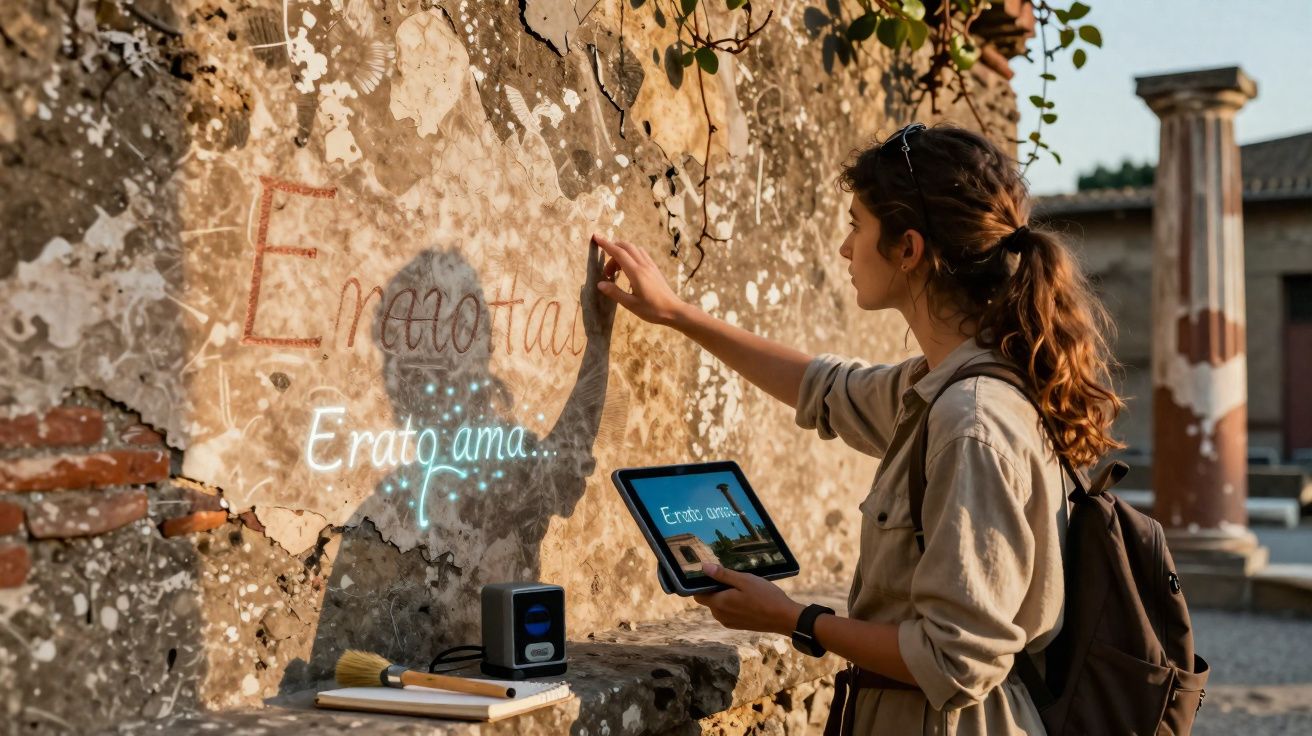 Jovem interage com tablet e escreve palavras numa parede antiga num ambiente arqueológico ao ar livre.