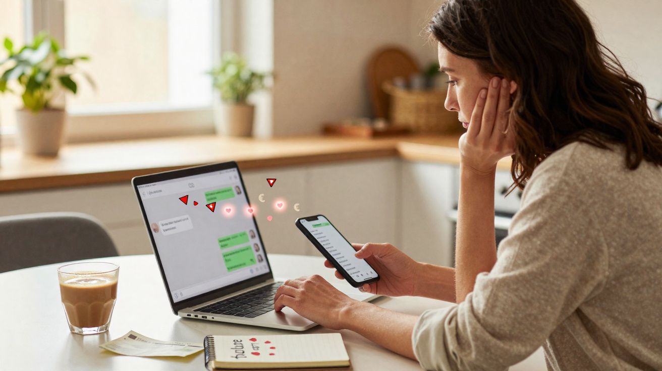 Mulher a consultar mensagens num telemóvel e computador portátil numa cozinha luminosa.
