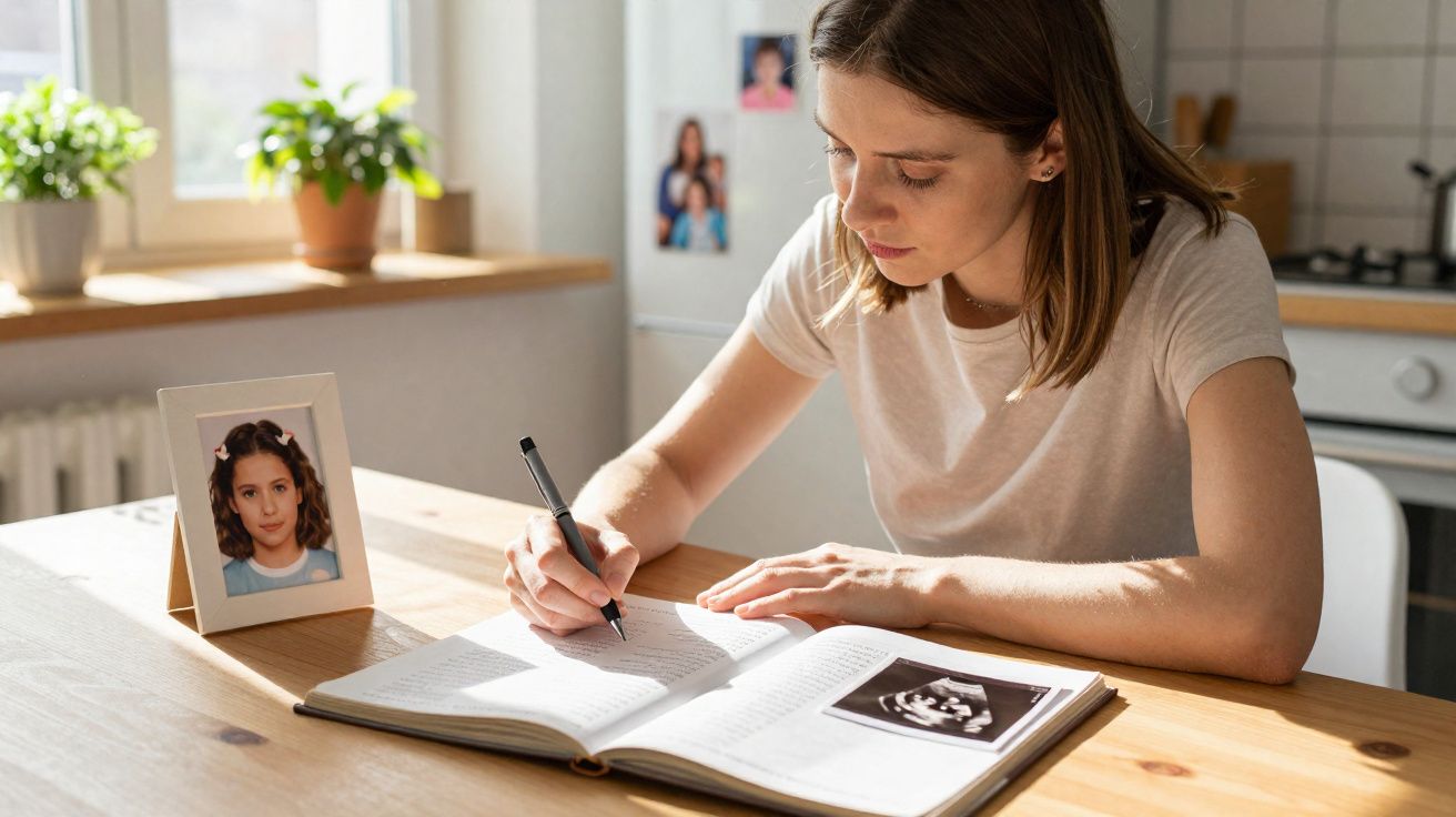 Mulher jovem sentada à mesa escreve num diário onde está colada uma ecografia, com foto infantil ao lado.