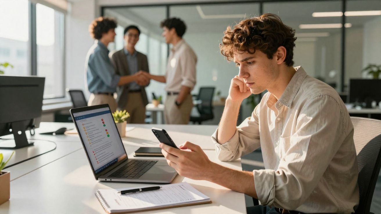 Jovem sentado numa mesa de escritório, usando telemóvel, com computador portátil e caderno aberto à sua frente.