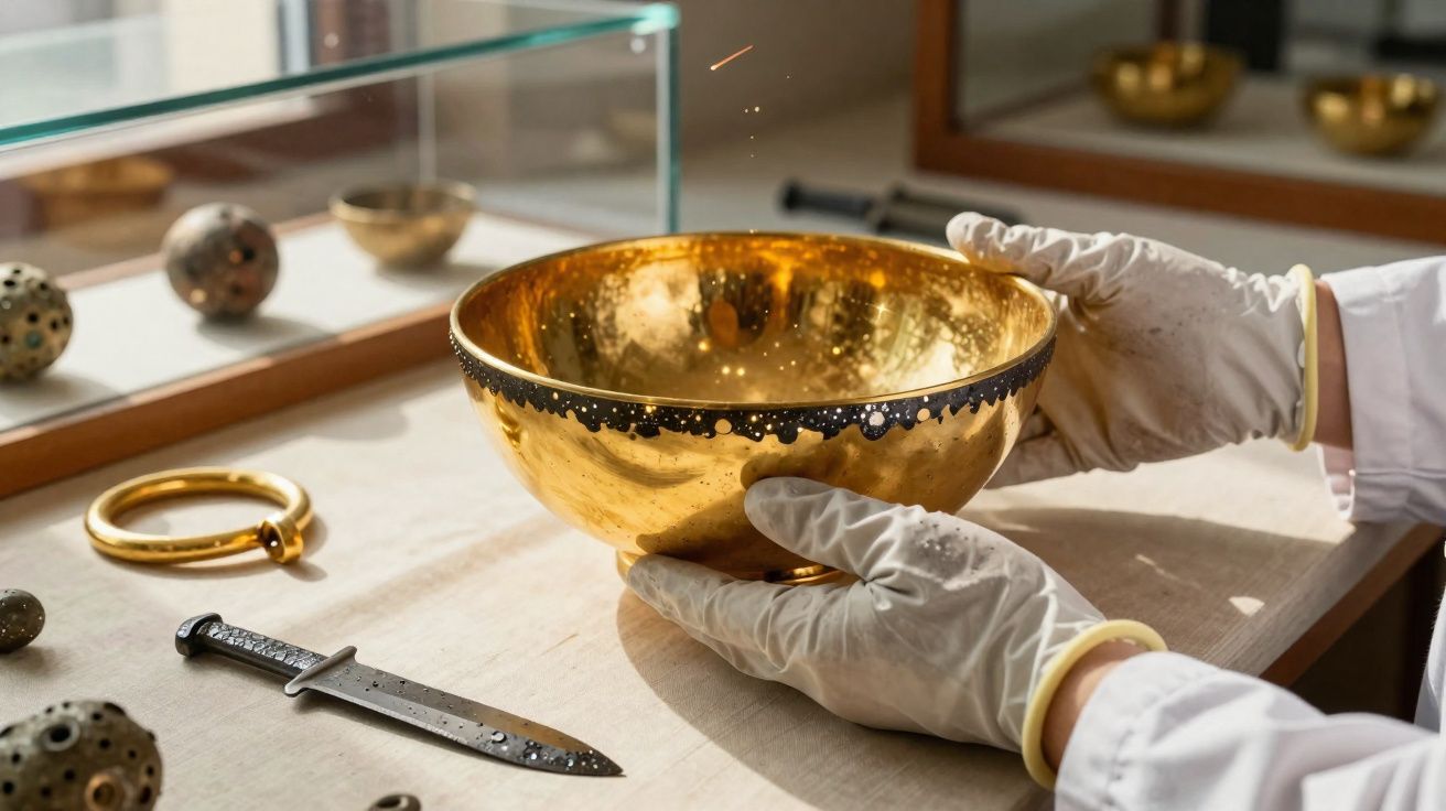 Mãos com luvas seguram taça dourada antiga numa exposição, com adereços históricos à volta.