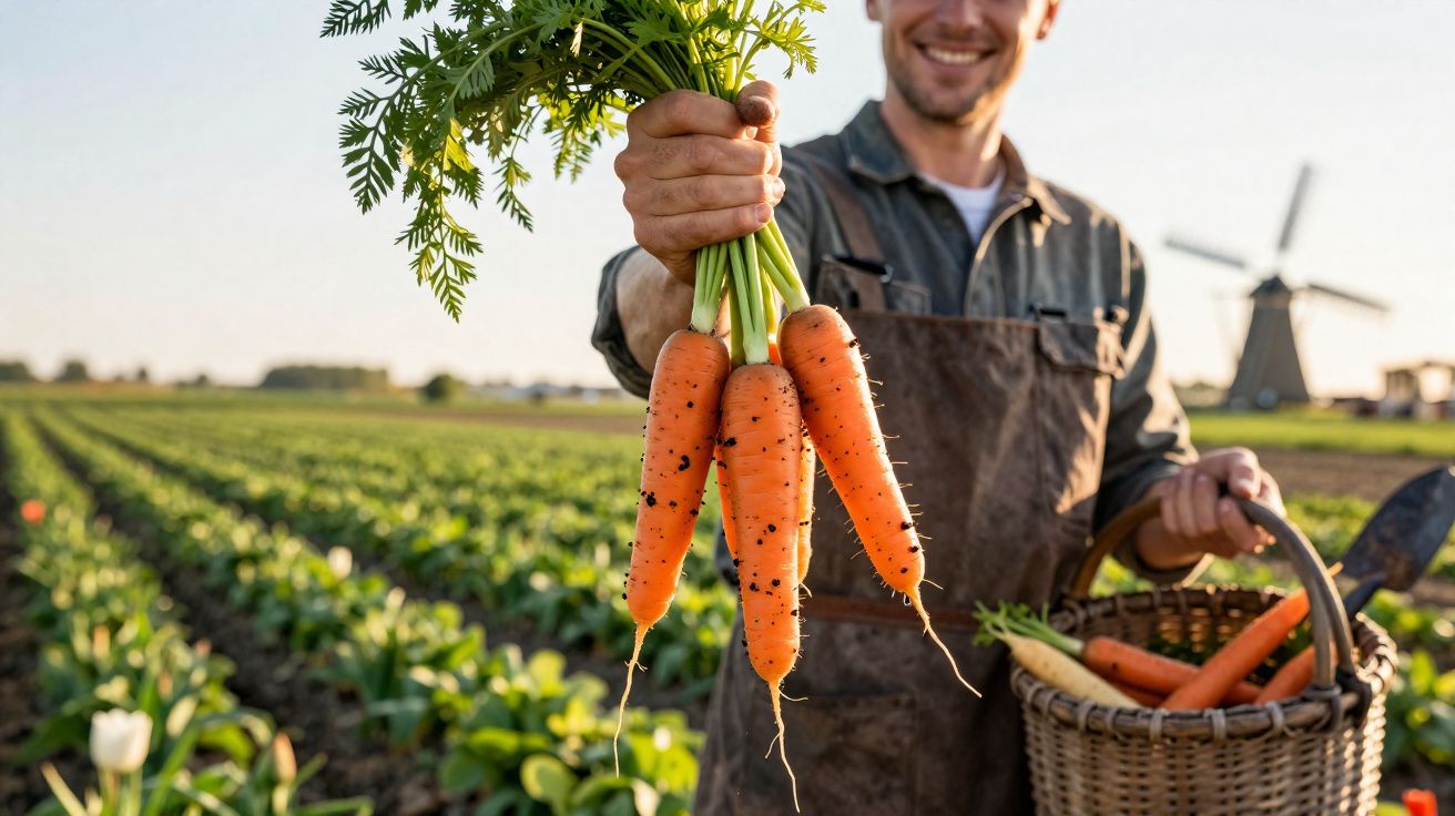 Agricultor sorridente a segurar cenouras frescas colhidas numa quinta com moinho ao fundo.