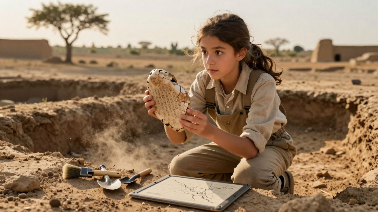 Menina arqueóloga examina antigo manuscrito numa escavação arqueológica no deserto.