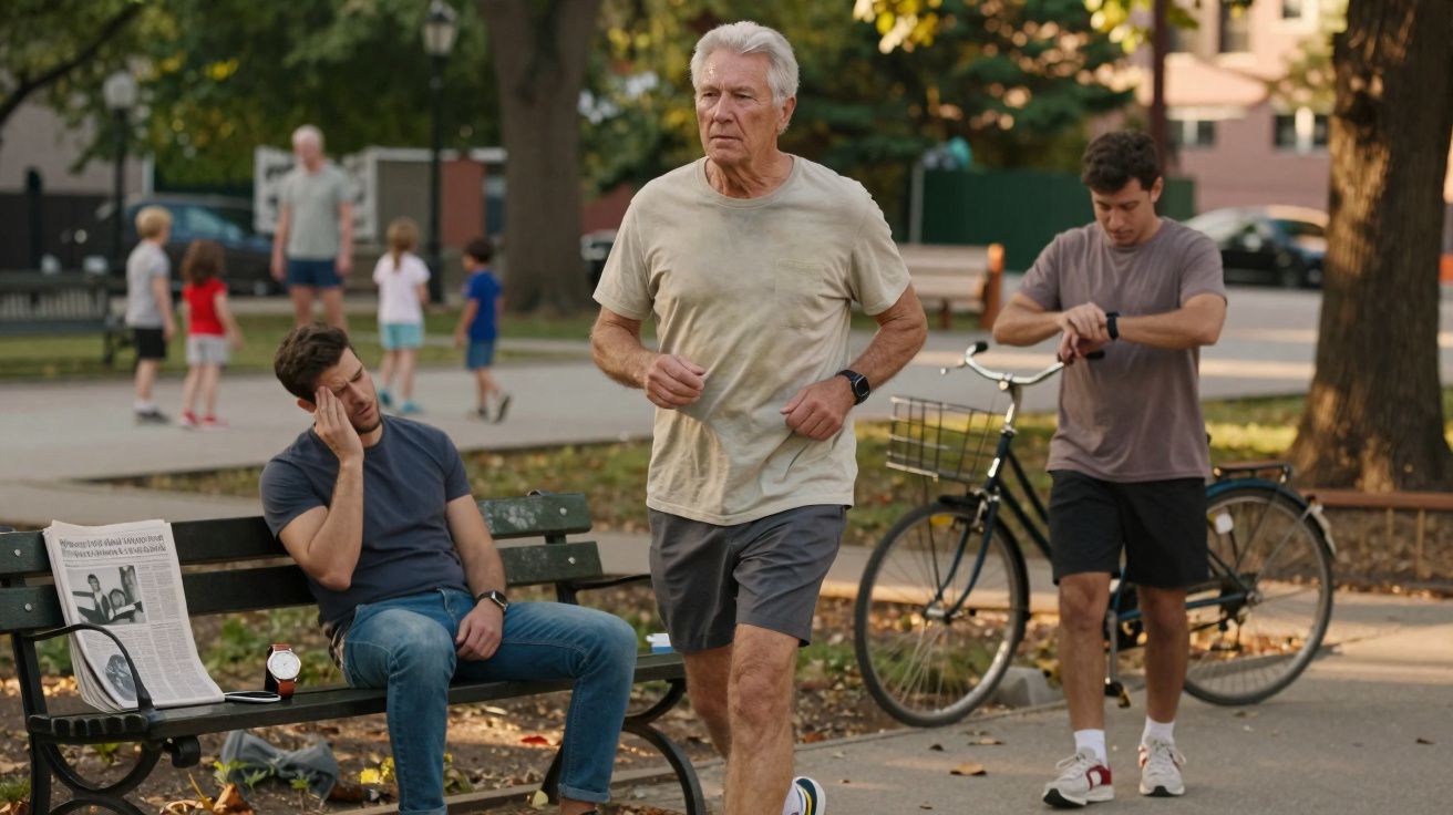 Homem idoso a correr num parque enquanto outro verifica o relógio e um terceiro descansa num banco.