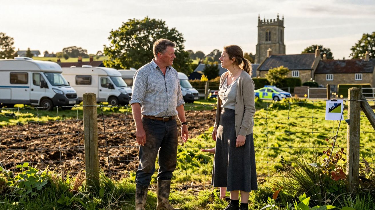 Homem e mulher conversam numa quinta ao ar livre com autocaravanas e igreja ao fundo numa tarde soalheira.