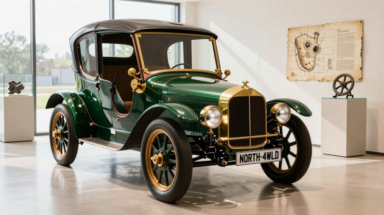 Carro clássico verde com detalhes dourados em exposição num museu iluminado por luz natural.
