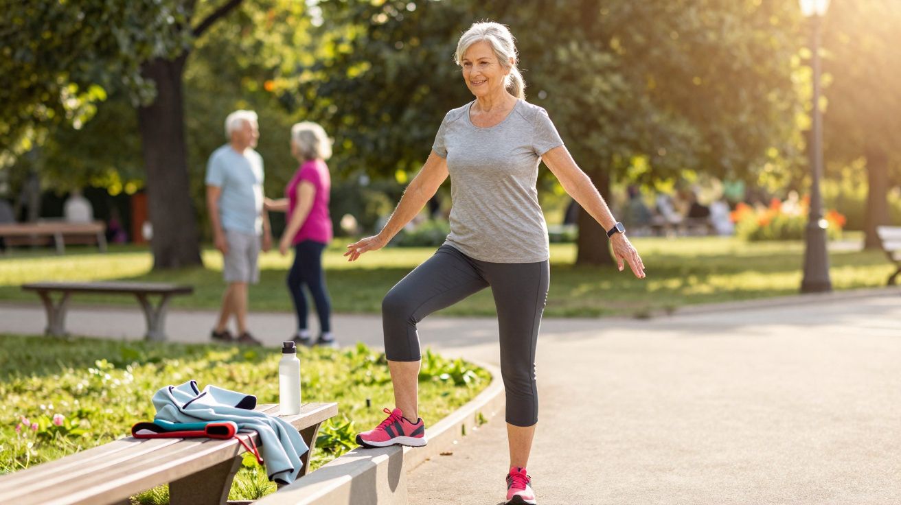 Mulher sénior a fazer alongamentos no parque com vestuário desportivo e garrafa de água na bancada.