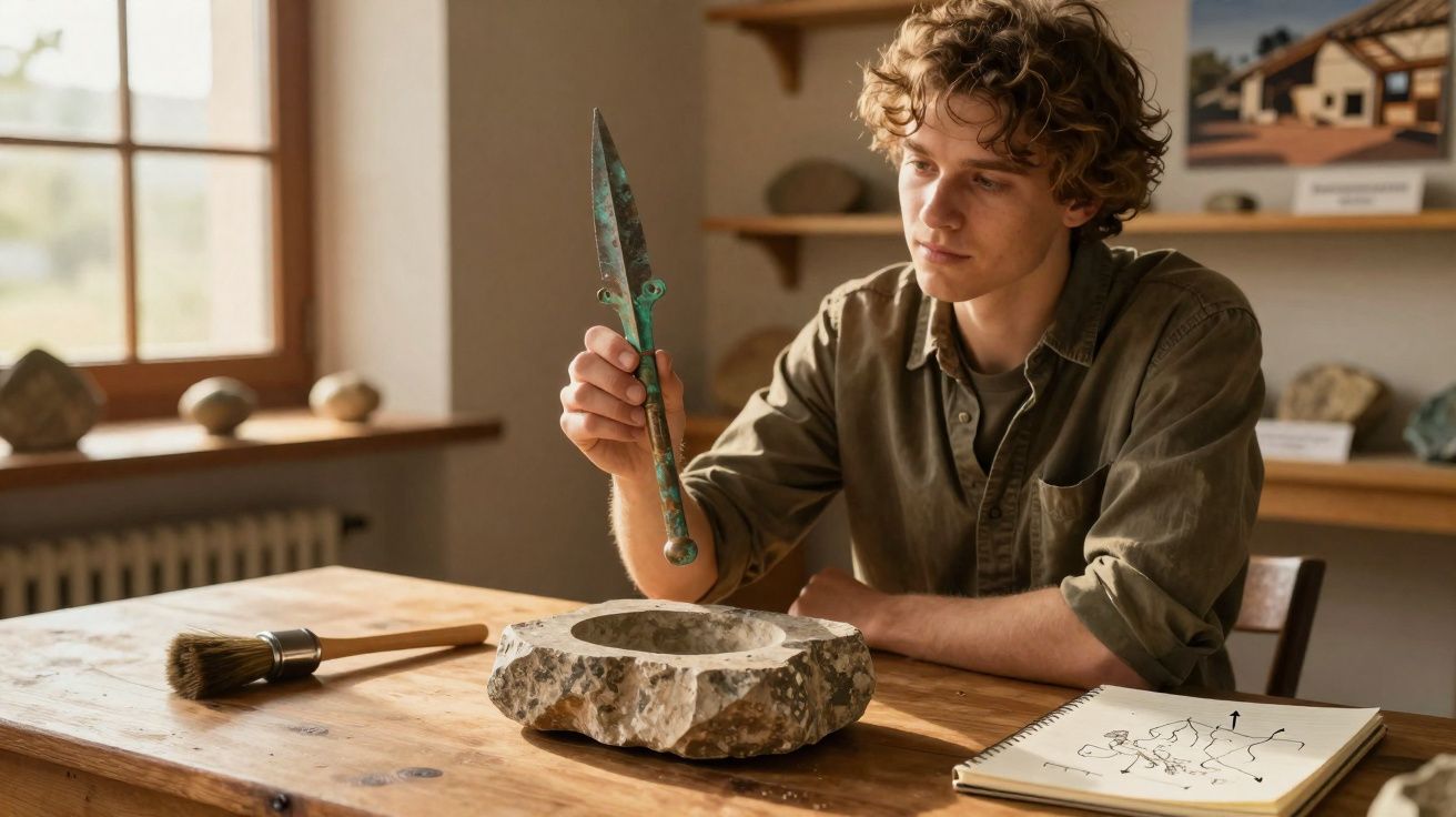 Jovem a estudar uma ferramenta antiga de metal num espaço com mesa, pedra e caderno de desenhos.