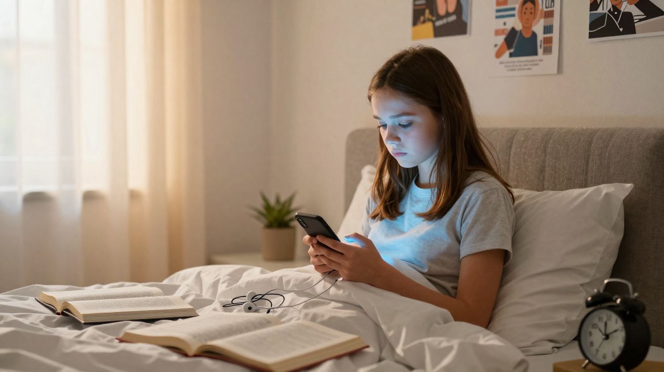 Rapaz sentada na cama a utilizar telemóvel com livros abertos à sua frente e despertador na mesa de cabeceira.