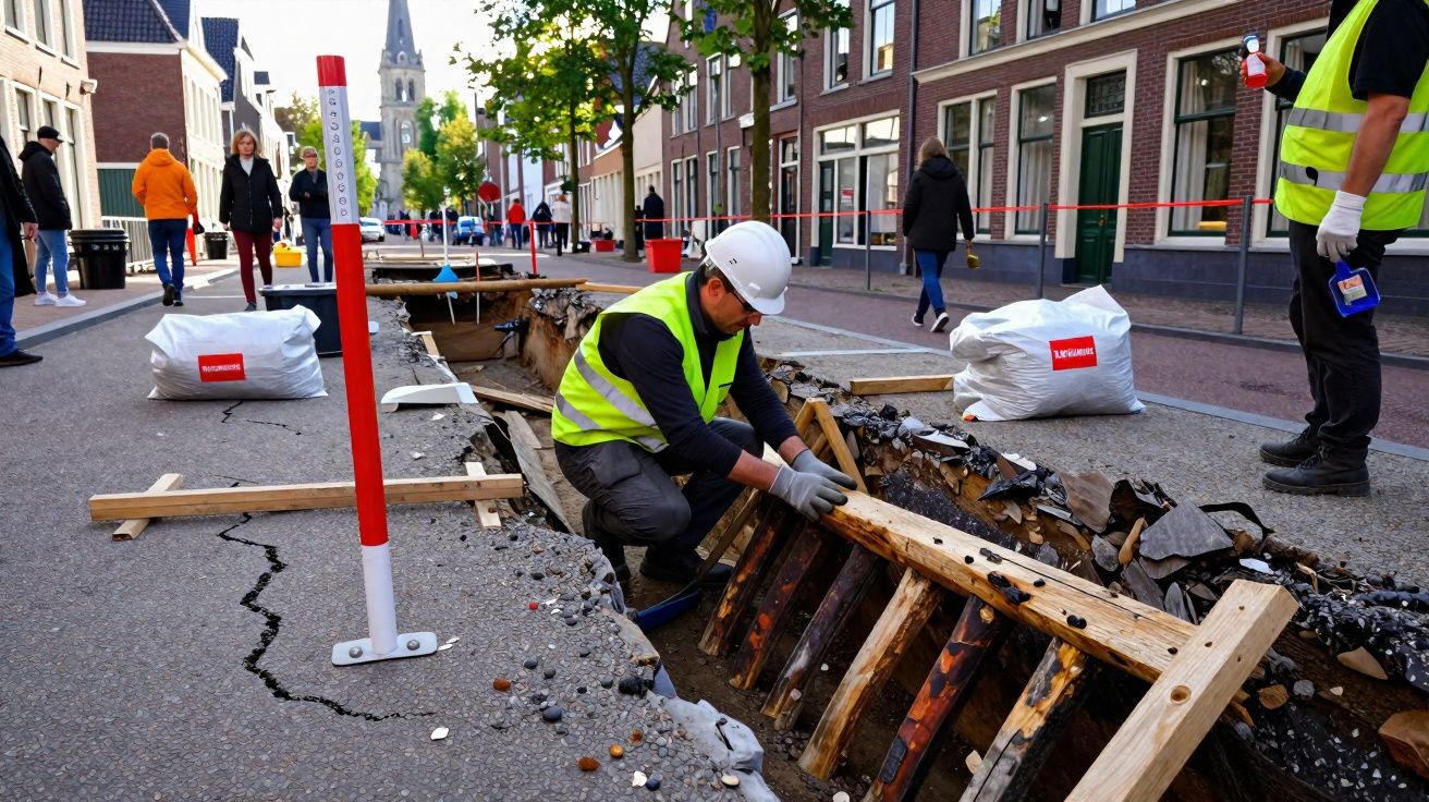 Trabalhador de construção com colete e capacete a reparar trincheira numa rua urbana com pedestres ao fundo.