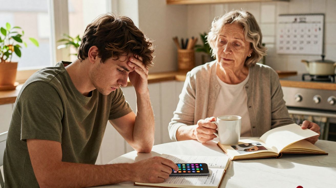 Jovem stressado e idosa sentados à mesa da cozinha com livros, telemóvel e chá, em conversa séria.