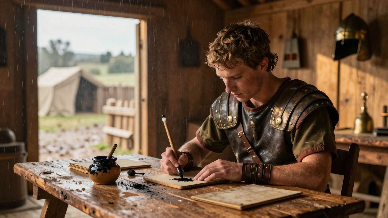 Homem jovem com armadura romana escreve com pena num salão rústico, com chuva visível ao fundo.
