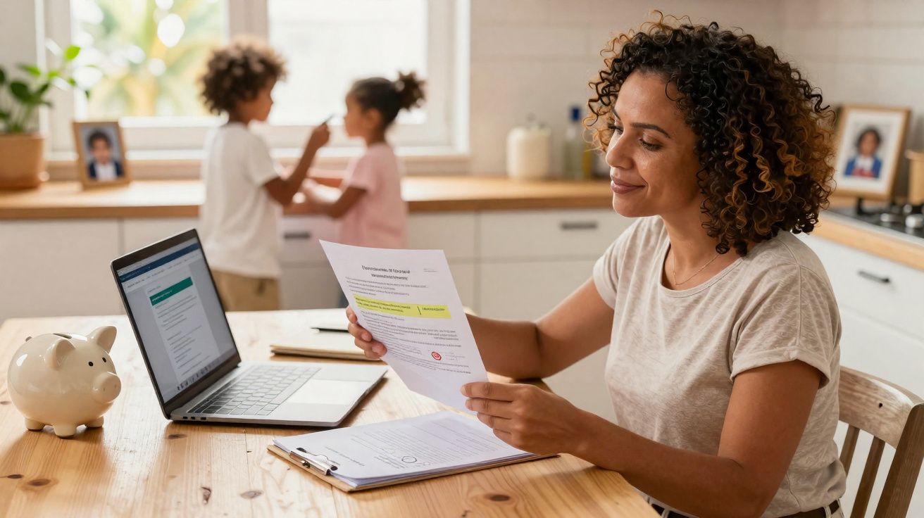 Mulher lê documento sentada à mesa com computador portátil, na cozinha, enquanto crianças brincam ao fundo.