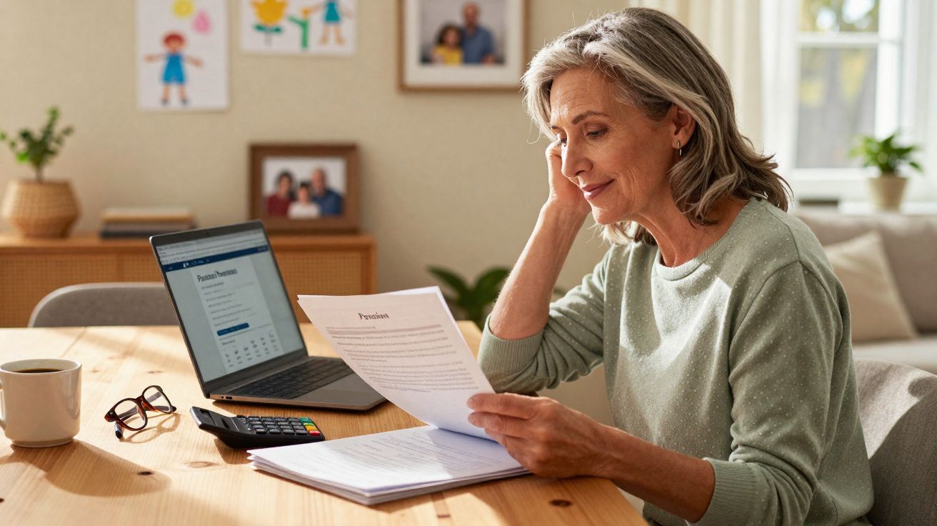 Mulher sorridente a analisar documentos sentada à mesa com portátil e leitor multibanco numa sala iluminada.