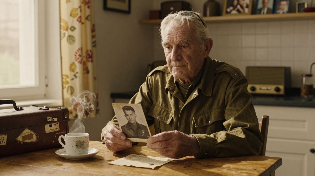 Homem idoso sentado à mesa, segurando fotografia antiga de jovem militar, com chá fumegante ao lado.
