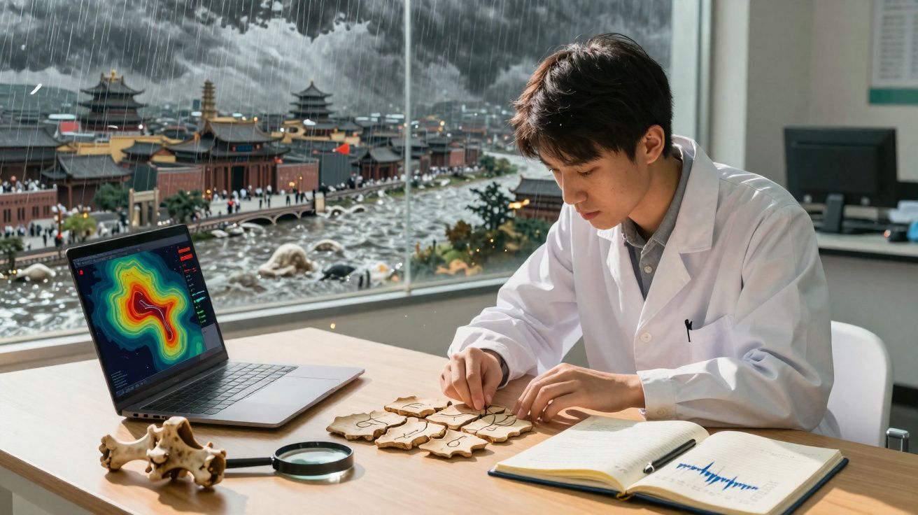 Cientista a estudar fósseis com puzzle, computador e livro aberto em laboratório com cenário de cidade antiga chuvosa.