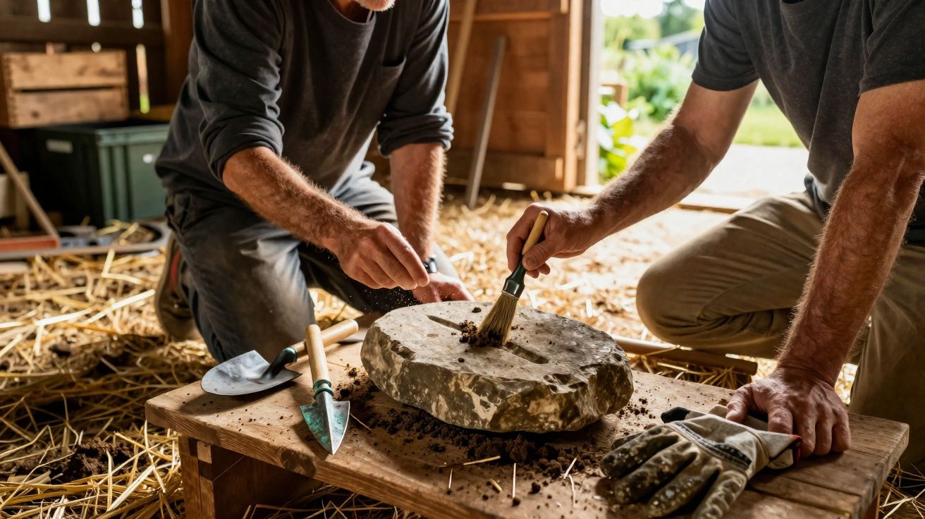 Duas pessoas a limpar e a escavar um objeto arqueológico redondo numa bancada de madeira numa sala iluminada.