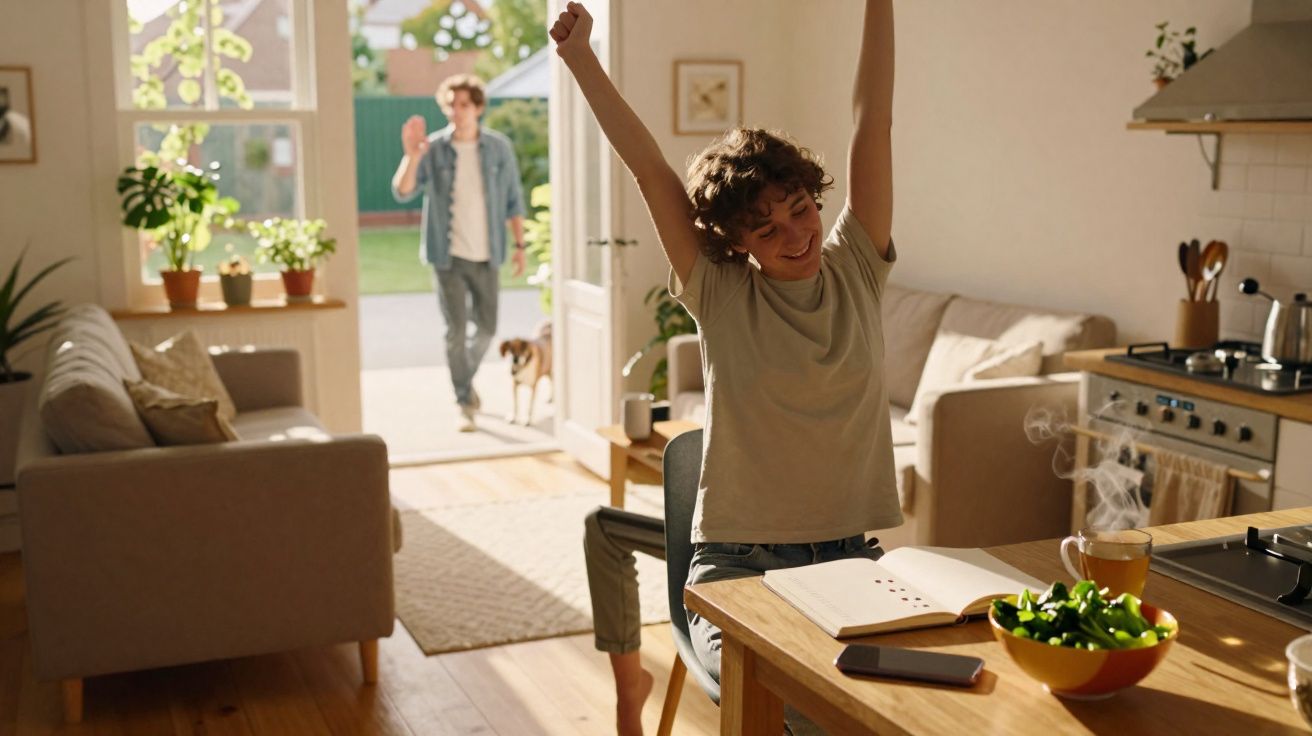 Criança a espreguiçar-se numa cozinha luminosa, enquanto adulto entra pela porta com um cão ao colo.