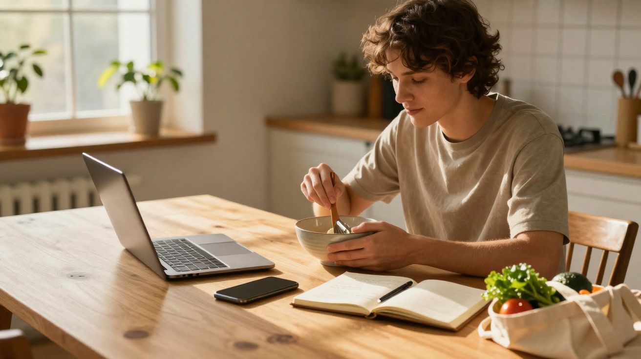 Jovem sentado à mesa na cozinha a comer de um prato, com portátil, telemóvel e um caderno aberto.