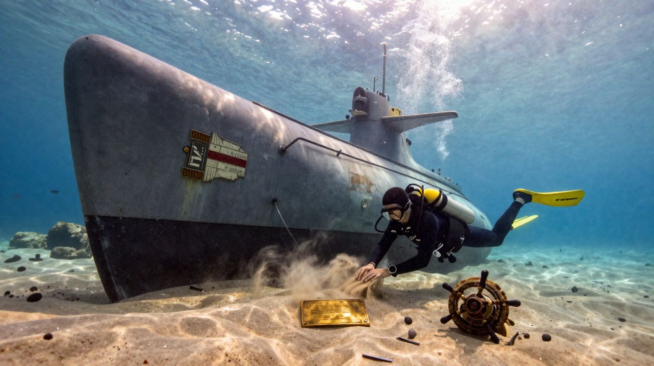 Mergulhador explora submarino antigo no fundo do mar com objetos espalhados na areia.