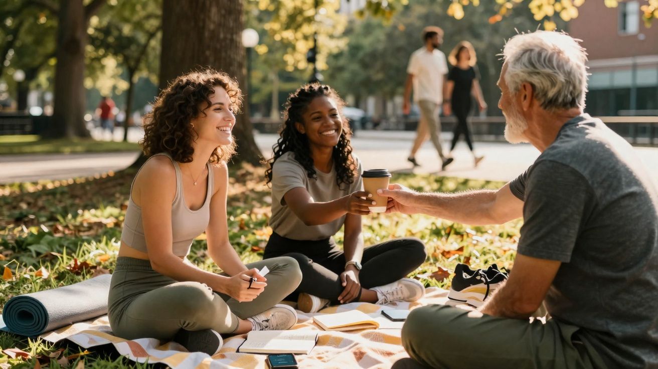 Três pessoas sentadas num parque num dia soalheiro, partilhando café e conversando alegremente.