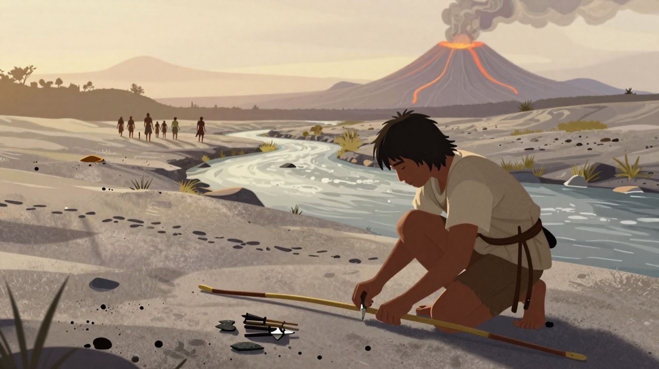 Jovem concentra-se a preparar arco perto de rio com vulcão em erupção ao fundo e grupo de pessoas a caminhar.