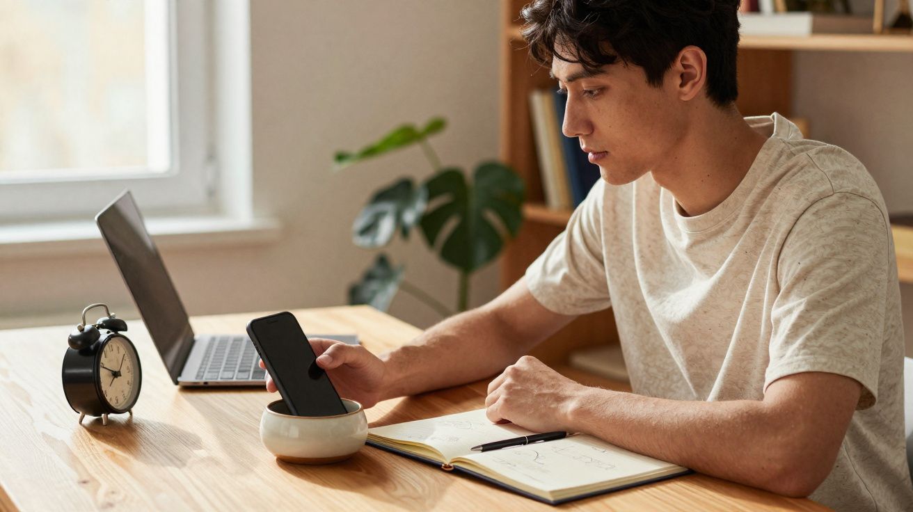 Jovem sentado à mesa a usar telemóvel, com portátil, caderno e despertador numa sala iluminada.