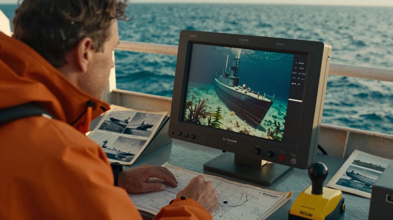 Homem a analisar imagens submersas de um submarino num monitor a bordo de um barco.