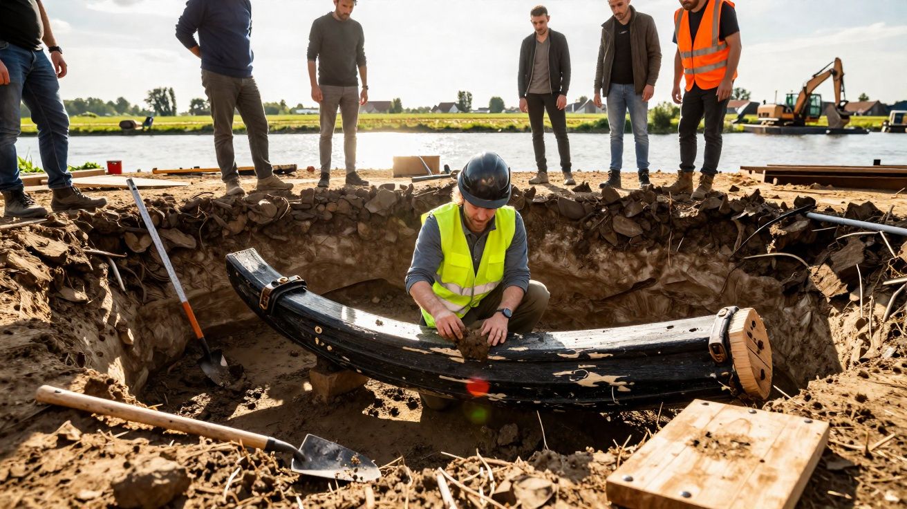 Arqueólogo com colete refletor examina estrutura de madeira num sítio escavado junto a um rio, rodeado por seis observadores.