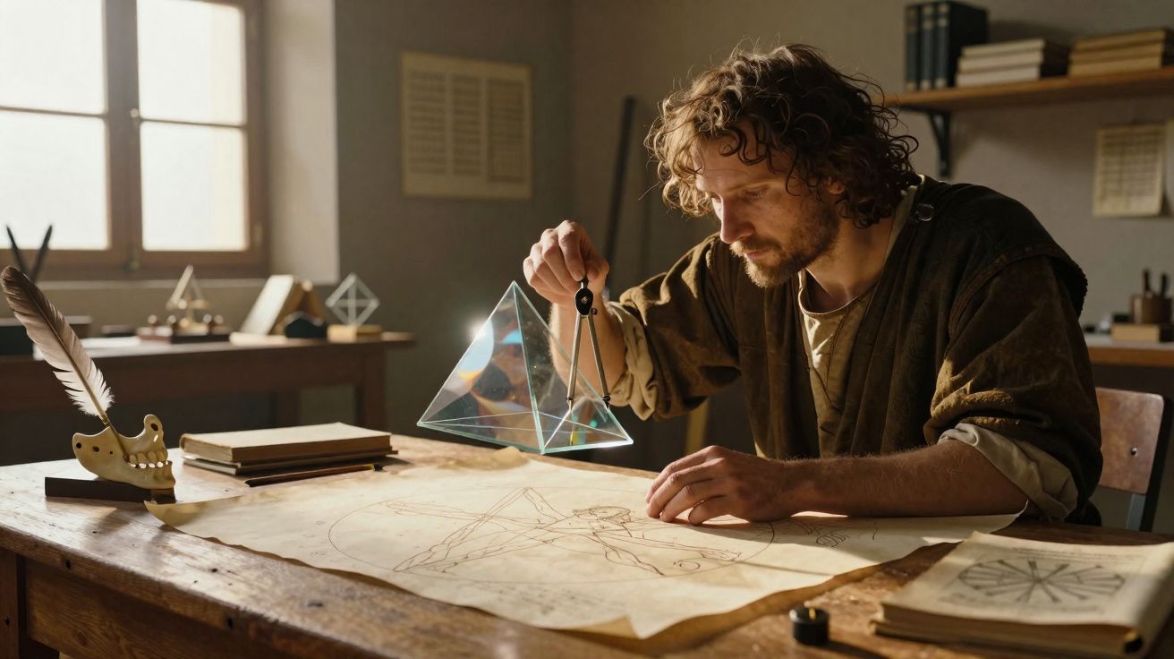 Homem com cabelo encaracolado estuda uma pirâmide de vidro enquanto desenha esquemas numa mesa de madeira.