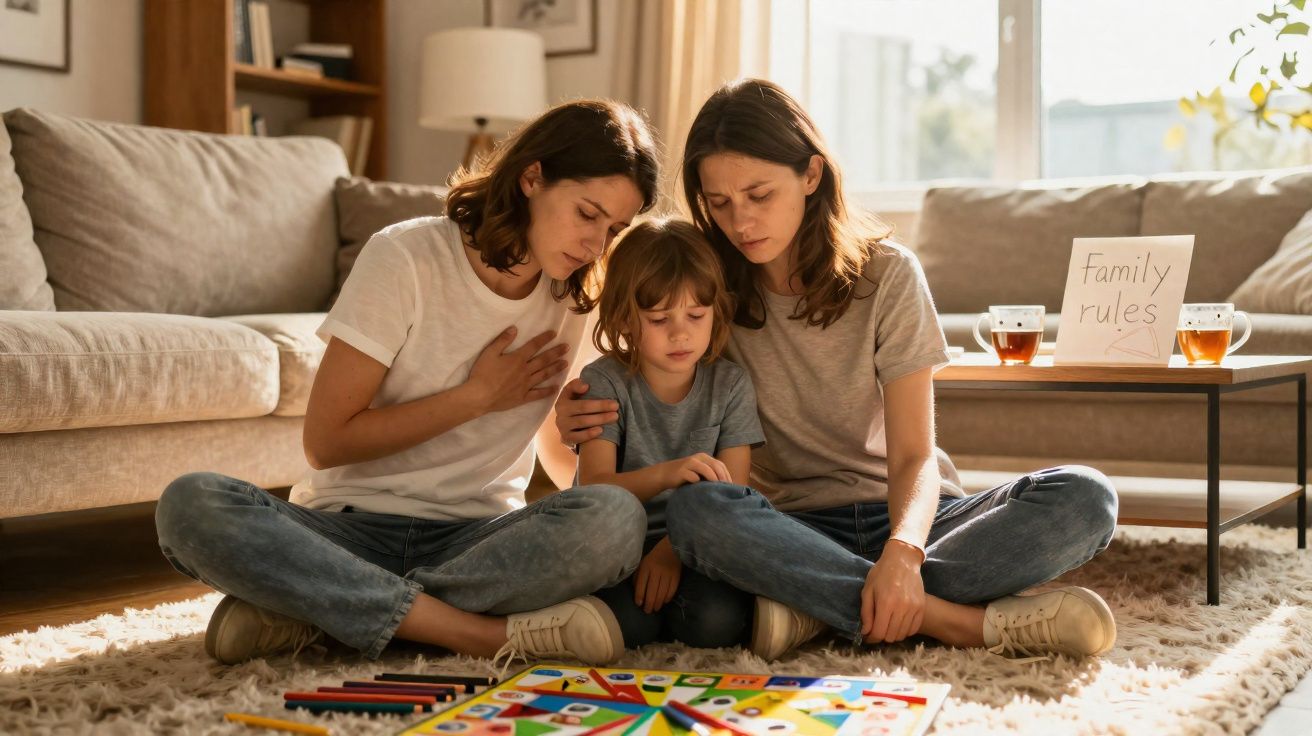 Duas mulheres e uma criança sentados no chão a rezar juntos junto a um tabuleiro de jogo numa sala acolhedora.