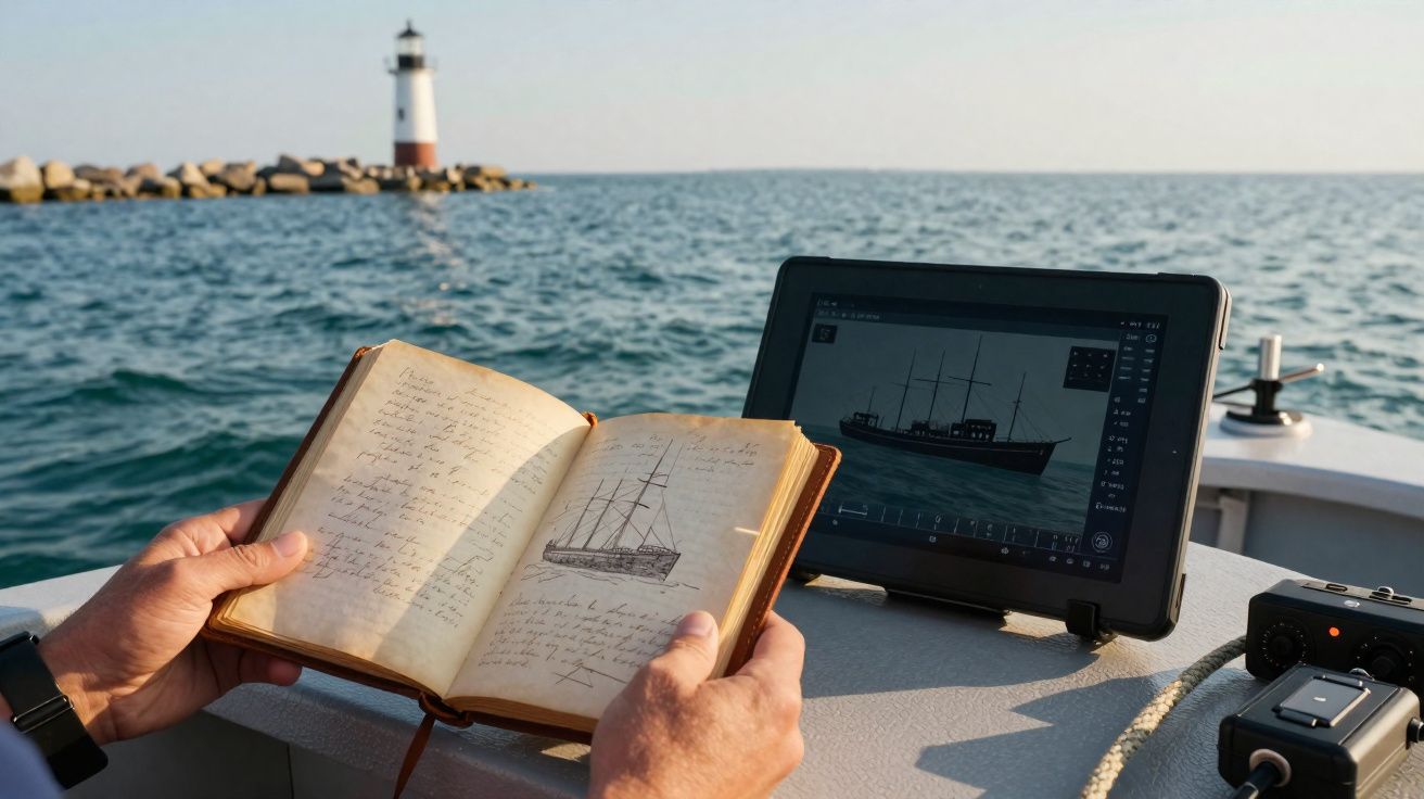 Pessoa a comparar um desenho de navio antigo num livro com a imagem digital numa tablet num barco com farol ao fundo.