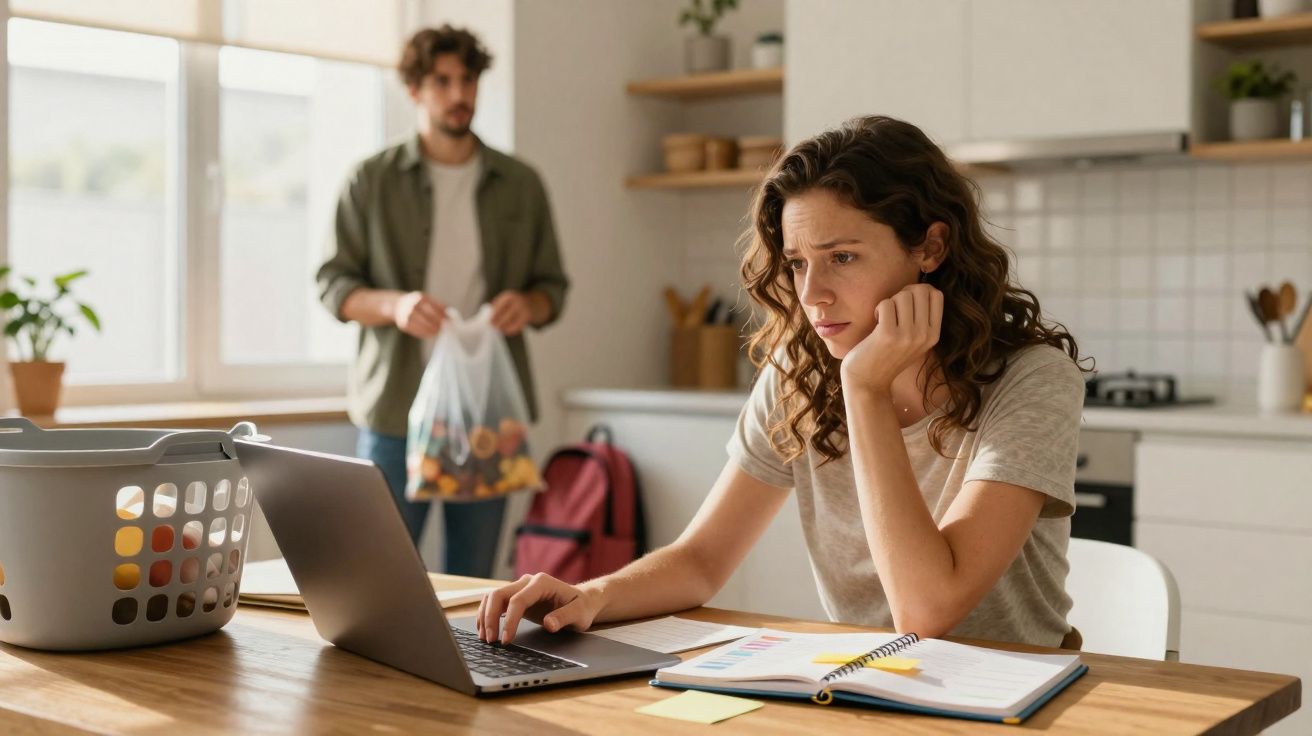 Mulher preocupada a trabalhar no portátil na cozinha enquanto homem traz saco de compras.