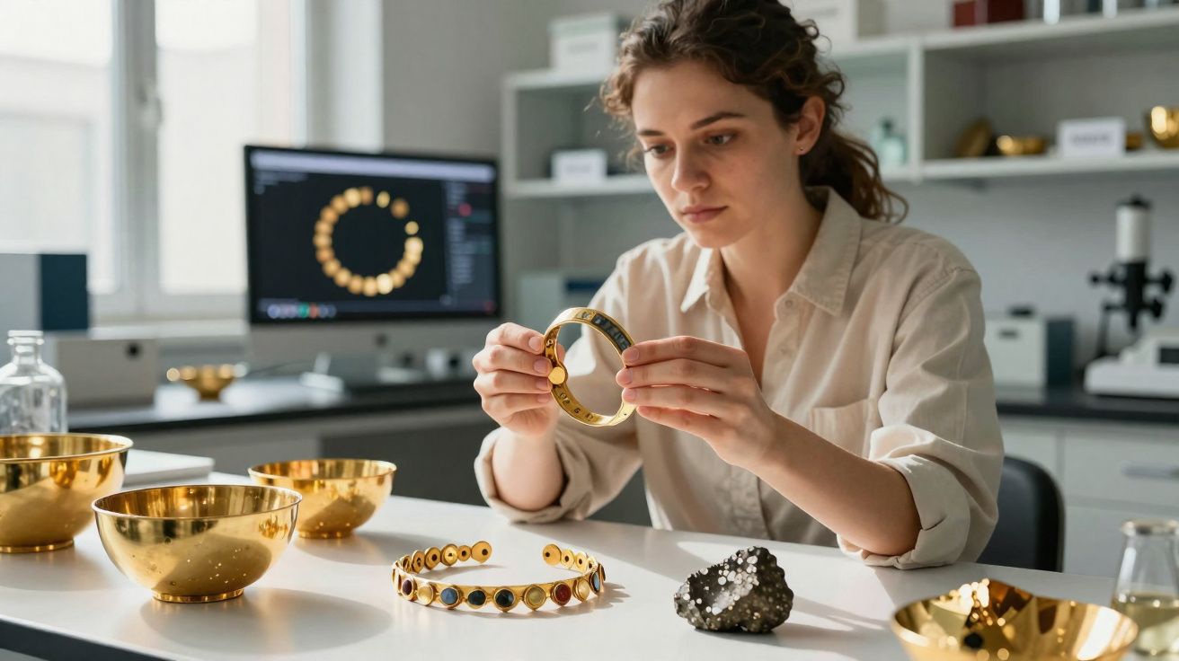 Mulher a analisar bracelete dourado em escritório com vários objetos metálicos e computador ao fundo.