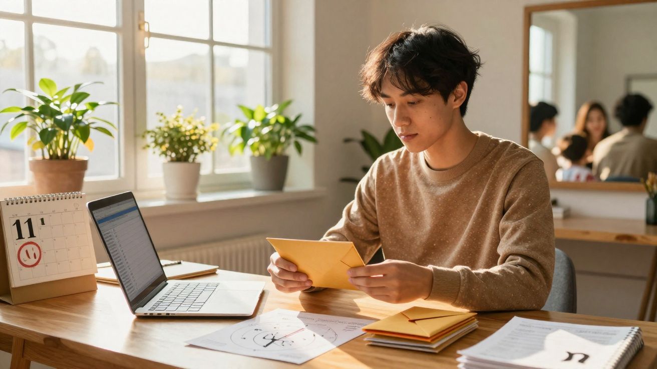 Pessoa sentada numa mesa a ler um envelope, com computador, calendário e plantas ao fundo.