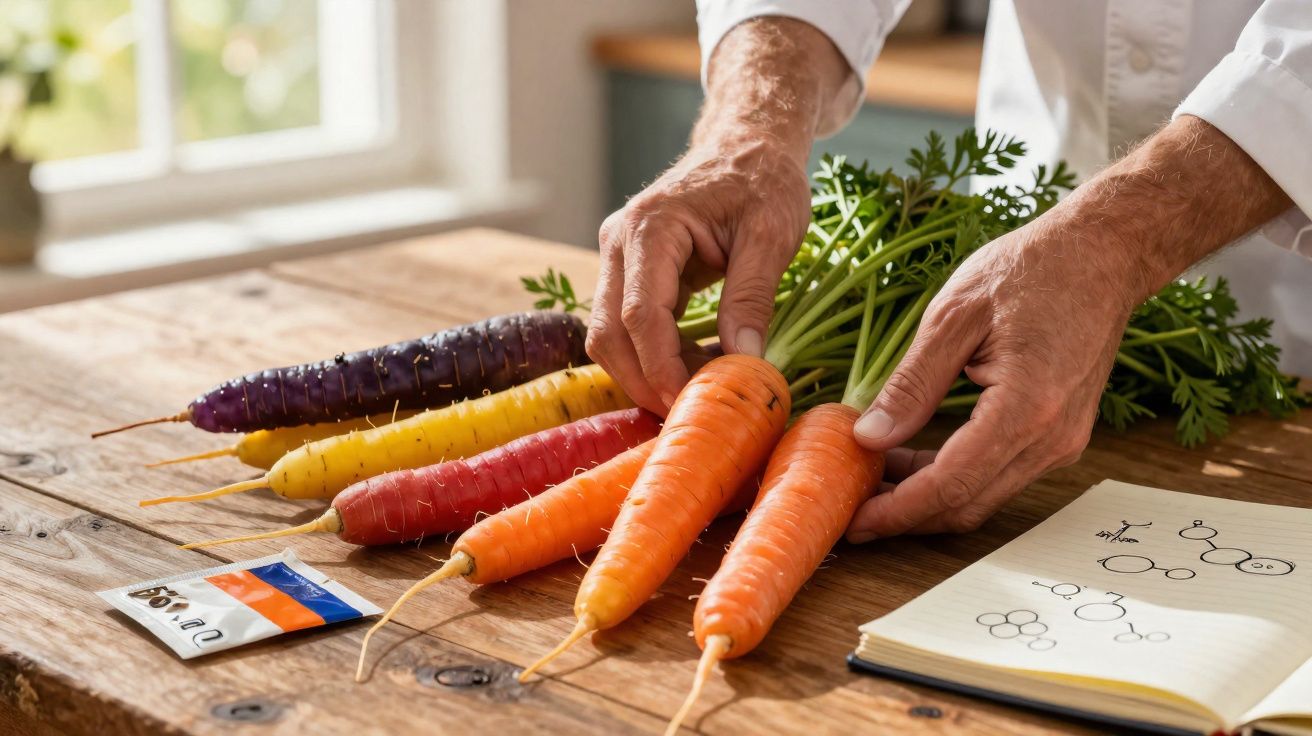 Mãos seguram cenouras de várias cores sobre mesa de madeira com caderno e pacote aberto ao lado.