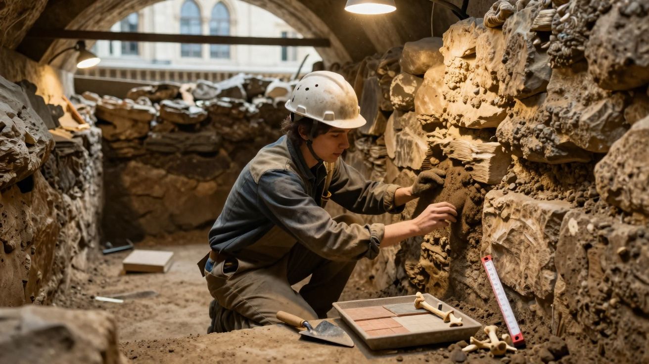 Jovem arqueólogo com capacete a escavar e examinar parede de ruínas arqueológicas subterrâneas.