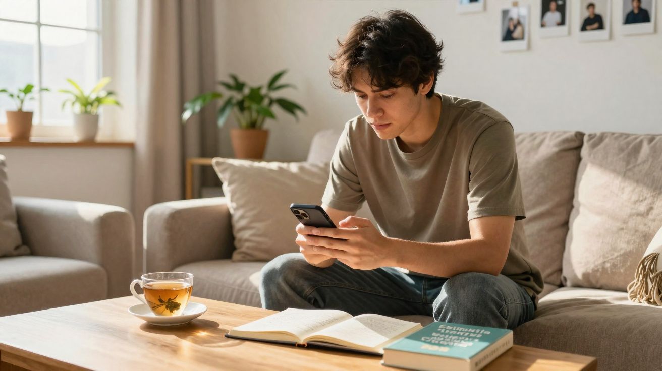 Jovem sentado no sofá a olhar para o telemóvel com livros e chá numa mesa de madeira à frente.