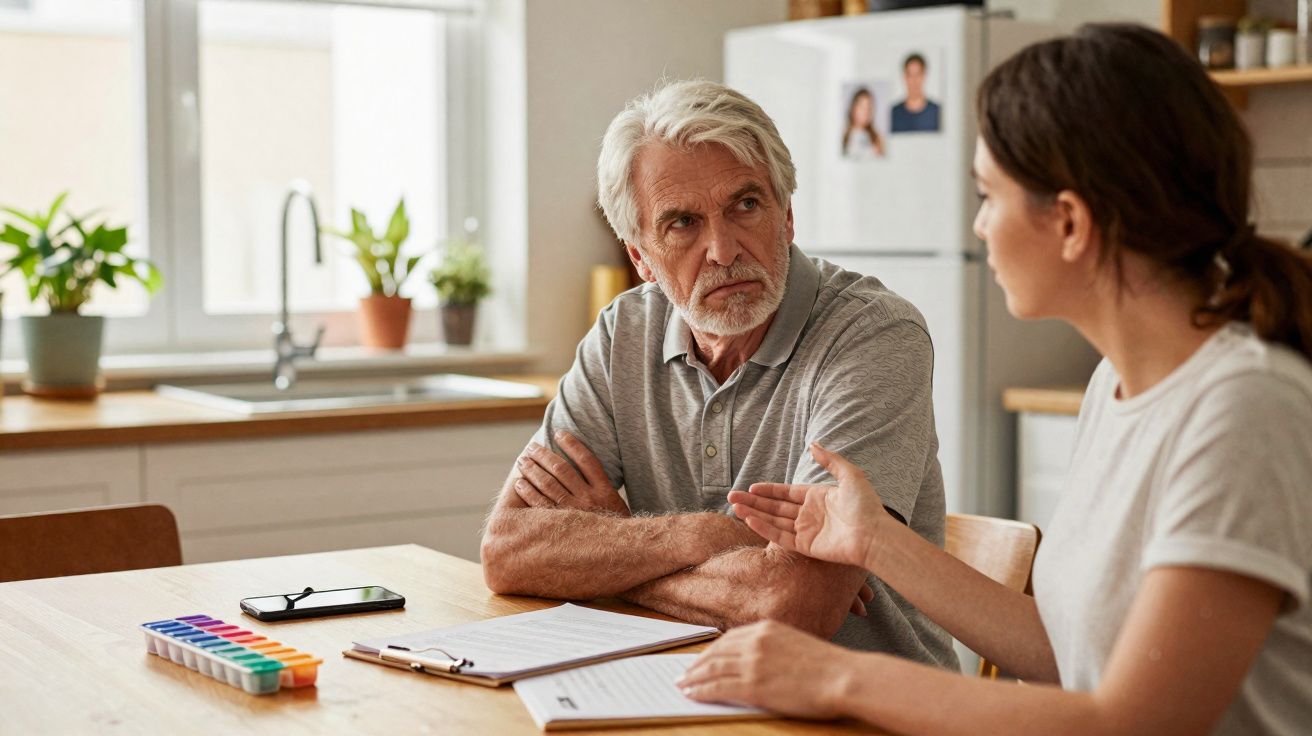 Homem idoso e mulher a discutir sentados à mesa com medicamentos e documentos na cozinha iluminada.