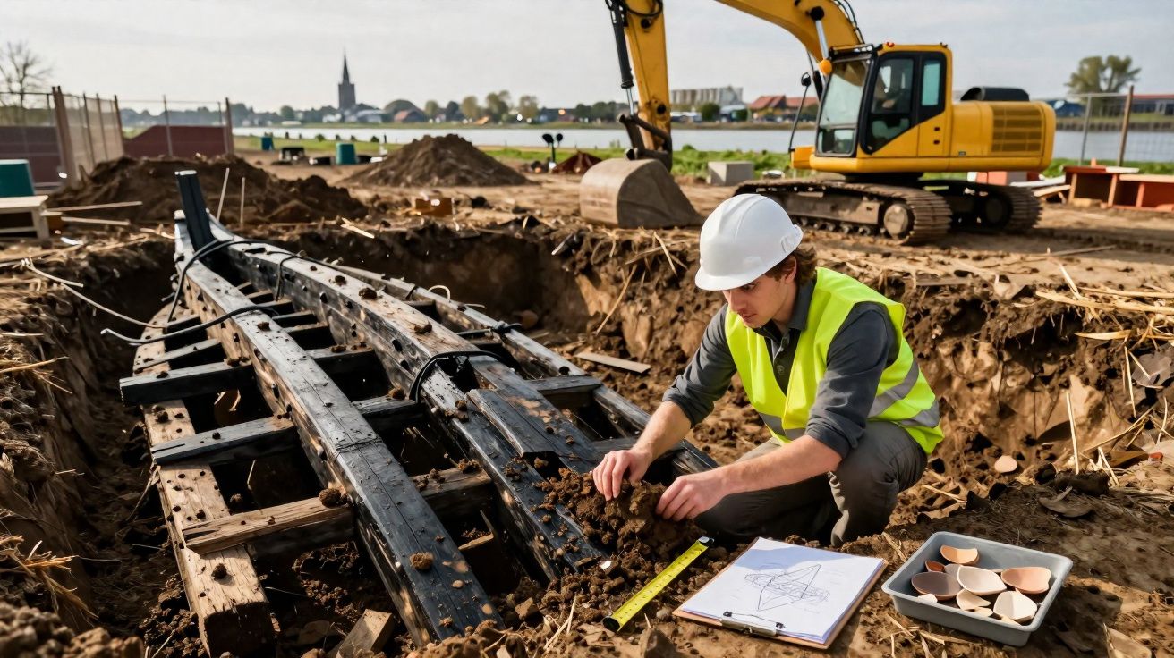 Arqueólogo em colete e capacete escava e analisa achados numa escavação ao ar livre com escavadora ao fundo.