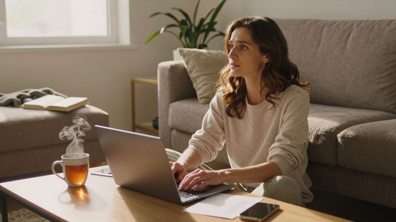 Mulher sentada no chão com computador portátil à frente e chá fumegante numa mesa na sala de estar.