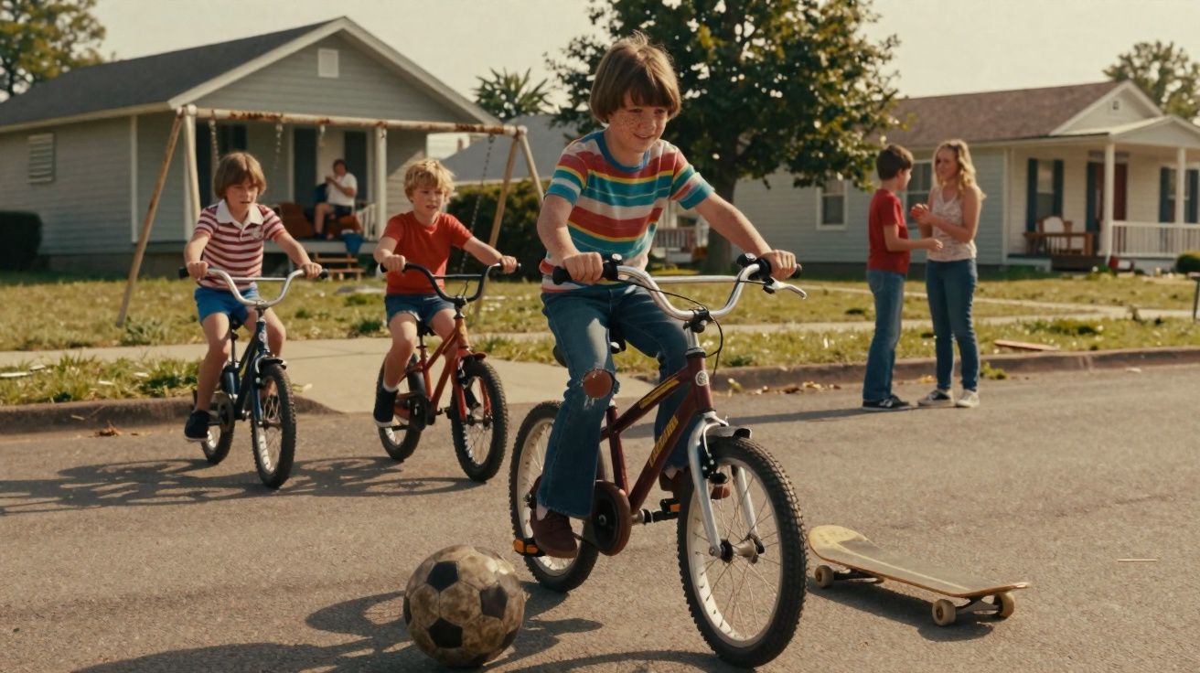 Três crianças andam de bicicleta na rua de um bairro residencial com casas ao fundo e um baloiço.