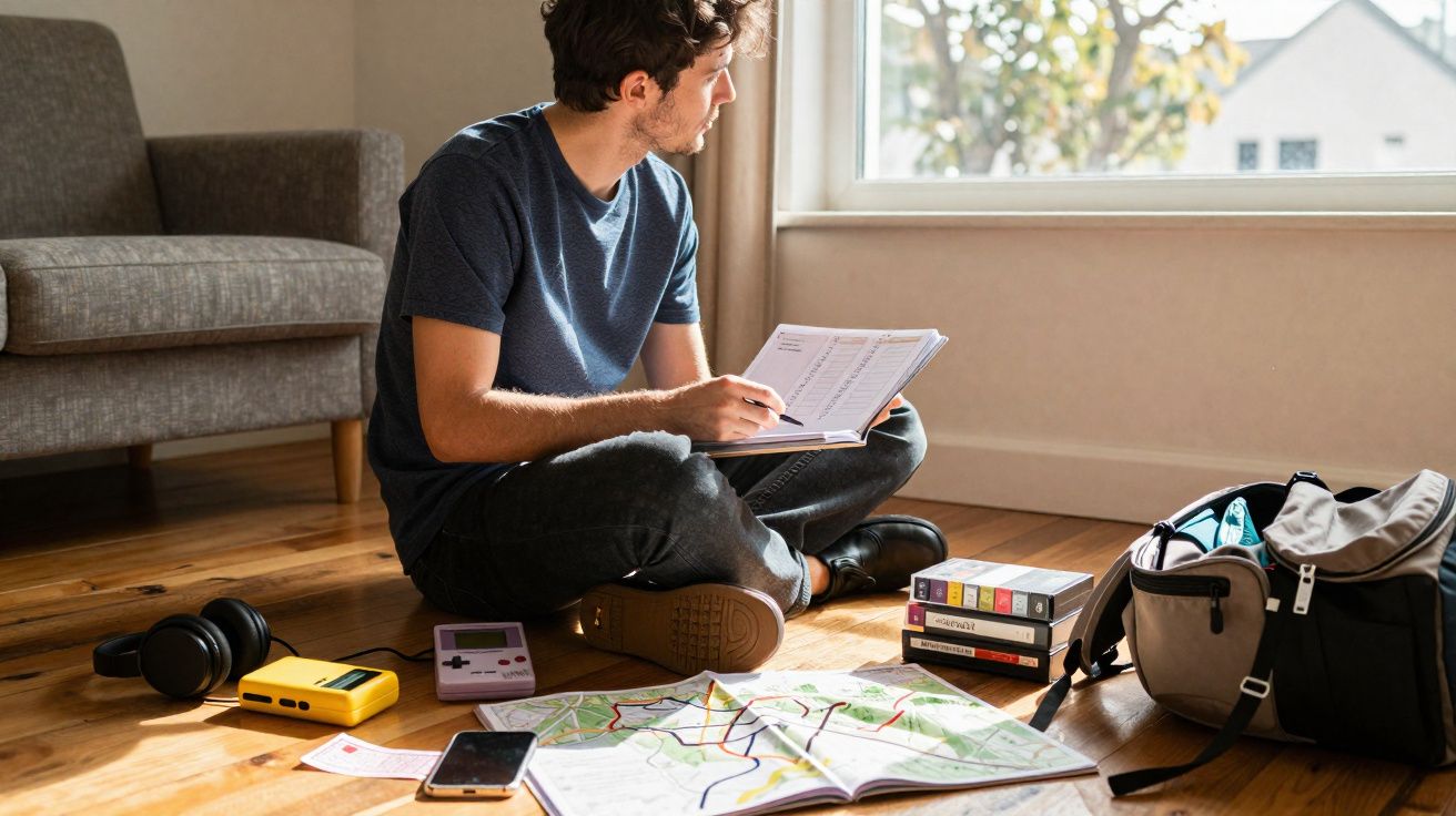Homem sentado no chão a planear viagem com mapa, caderno, mochila e dispositivos eletrónicos à volta.
