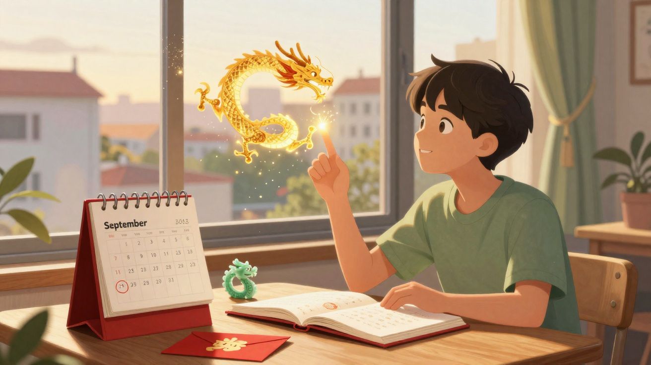 Rapaz sentado à mesa interage com dragão dourado brilhante que flutua à sua frente junto a calendário e livro.