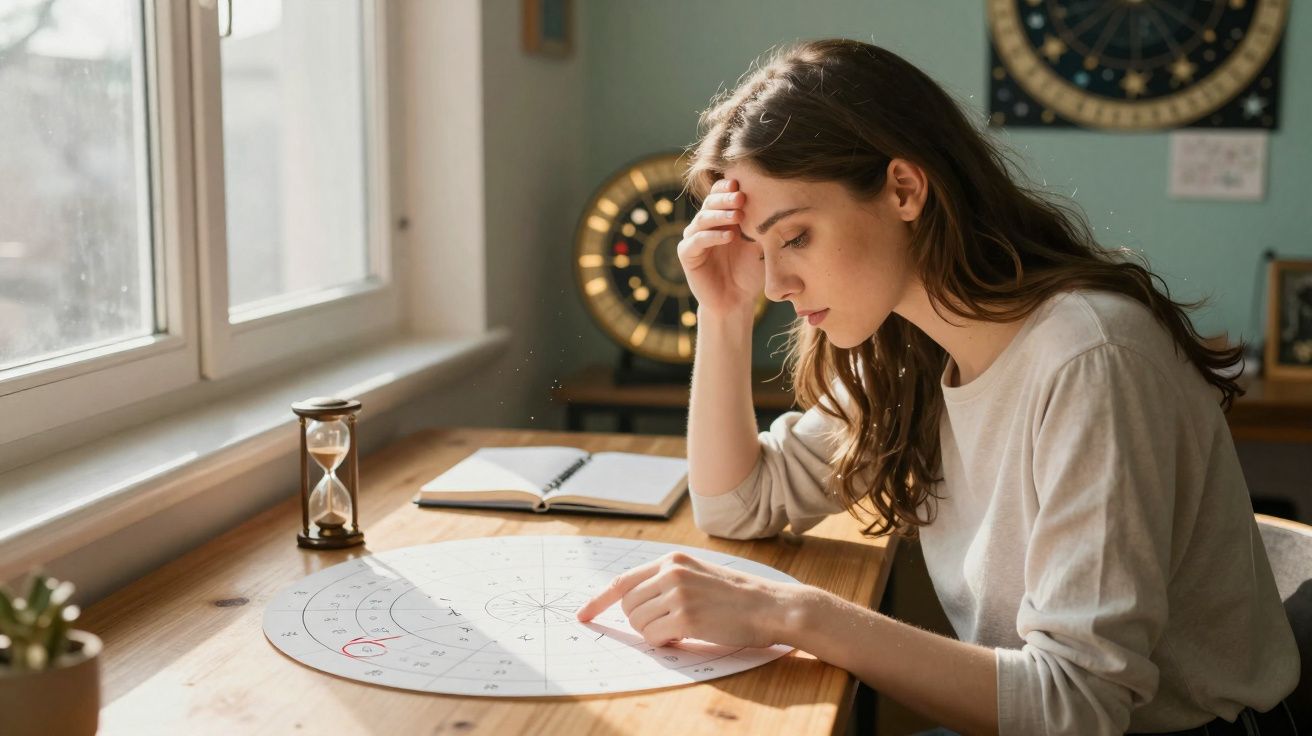 Mulher a estudar mapa astrológico numa mesa junto a uma janela com ampulheta e cadernos.