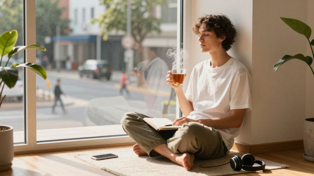 Jovem sentado junto a uma janela a relaxar com uma chávena de chá e um livro no colo.