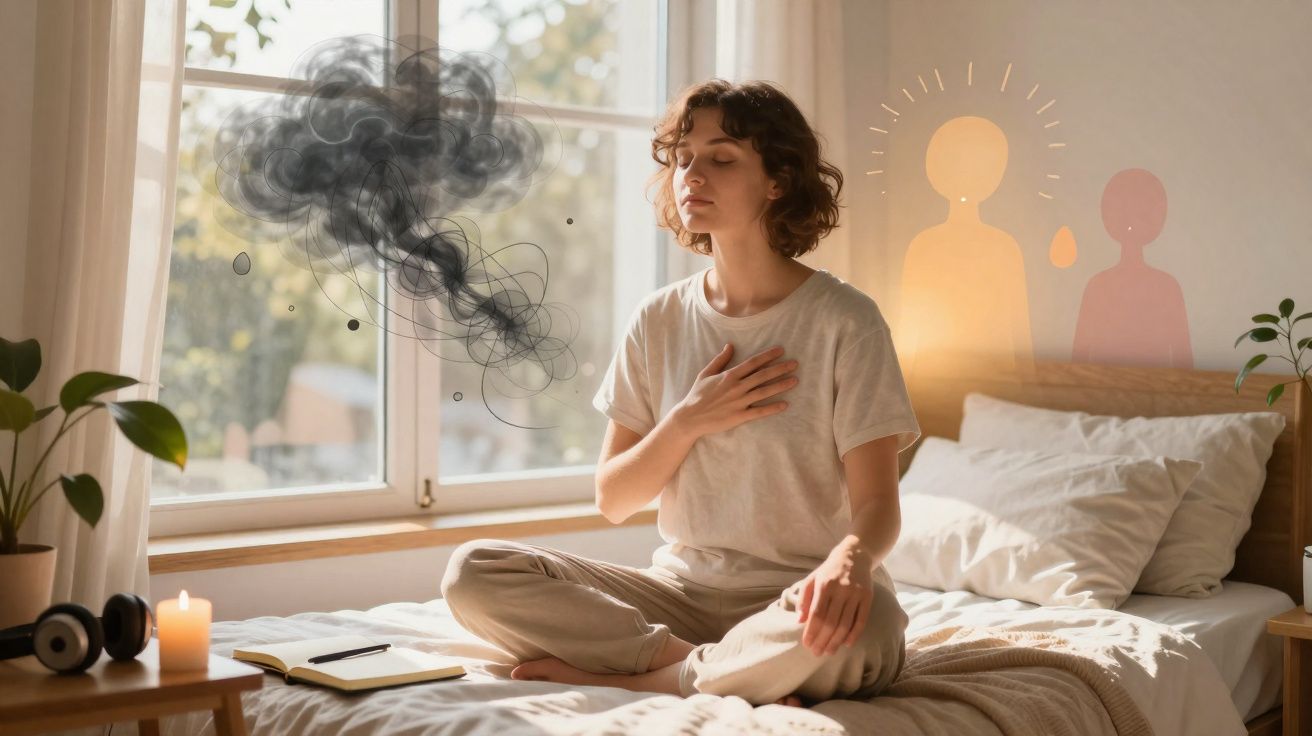 Mulher sentada em posição de meditação, de olhos fechados, com mão no peito, ao lado de figuras iluminadas e nuvem negra.
